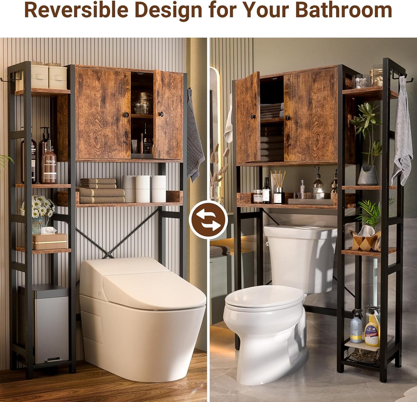 Over The Toilet Storage Cabinet with Doors - 7 Tier Bathroom Organizer with Adjustable Shelf, Freestanding Space Saver Rack Above Toilet Stand with 4 Hooks for Bathroom, Restroom, Laundry, Rustic