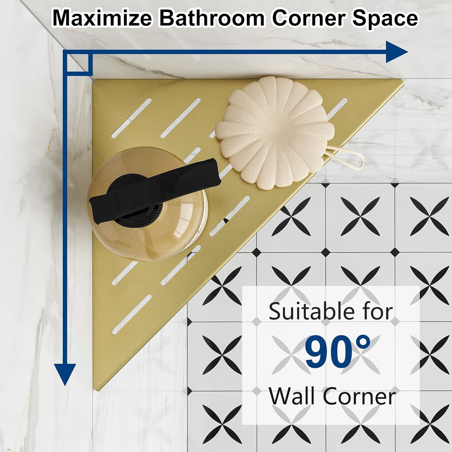 Corner Shower Shelves, 10” Recessed Tile Shower Shelf, 304 Stainless Steel Grout in Corner Tile Shower Shelves, No Drilling, Brushed Golden, 2 Pack