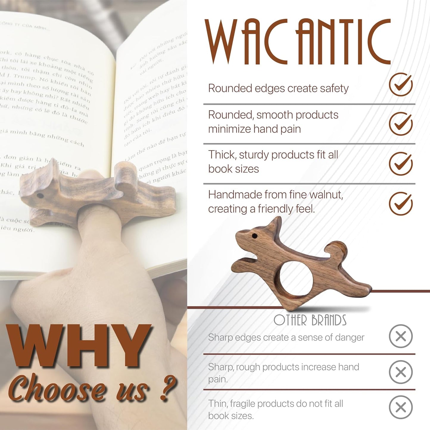 Walnut Dog Book Page Holder, Smooth Finish Wood Book Holder for Reading, Ideal Book Reader Gifts, Book Worm Gifts for Women, Thumb Book Page Holder - for Book Lovers & Literary Gifts (Small)