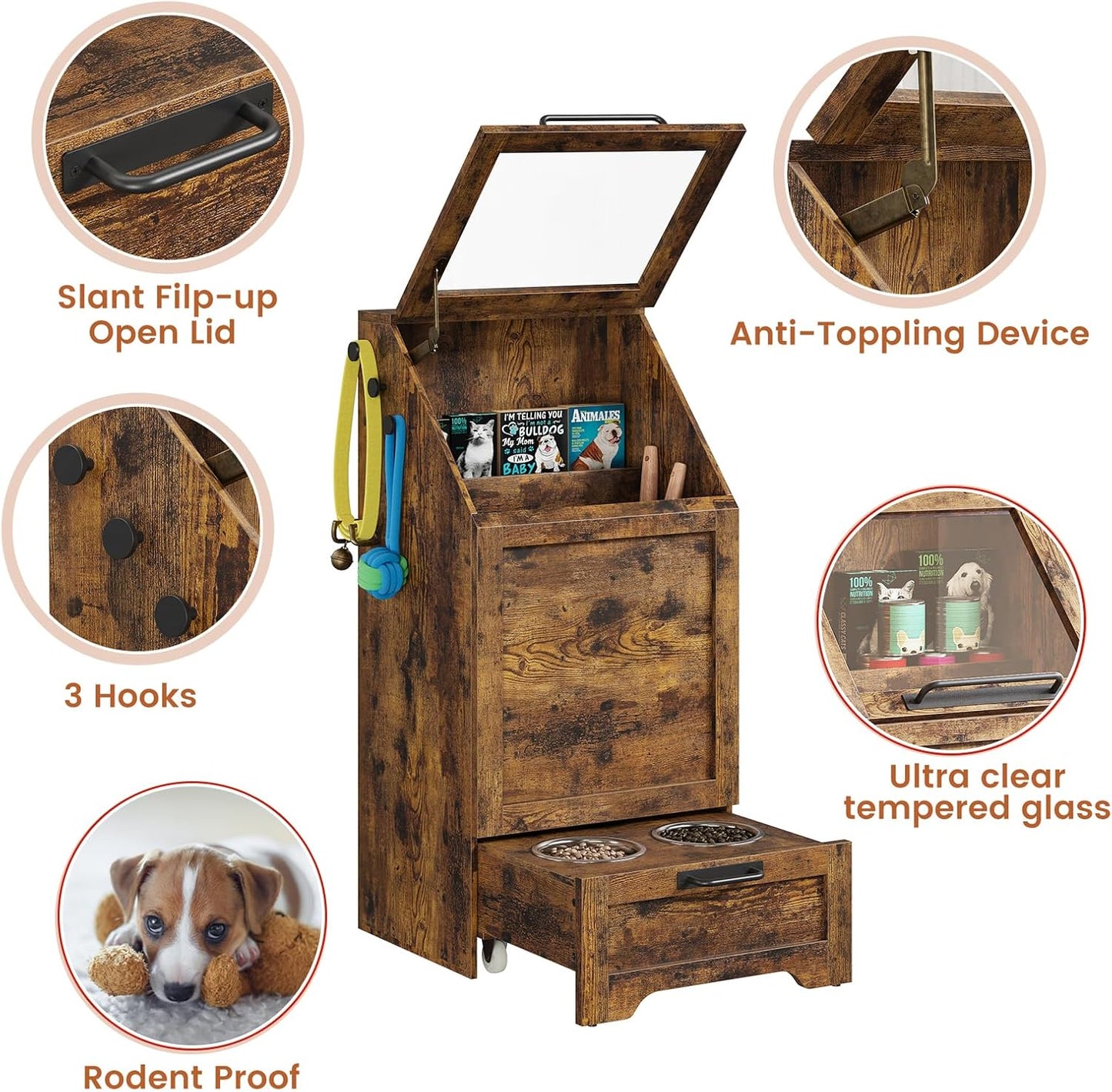 Dog Feeding Station with 2 Elevated Bowls, Pet Feeding Station,Flip Top Dog Food Storage Cabinet, Food Storage Container,Pet Toy Organizer,Modern Organizer,Brown
