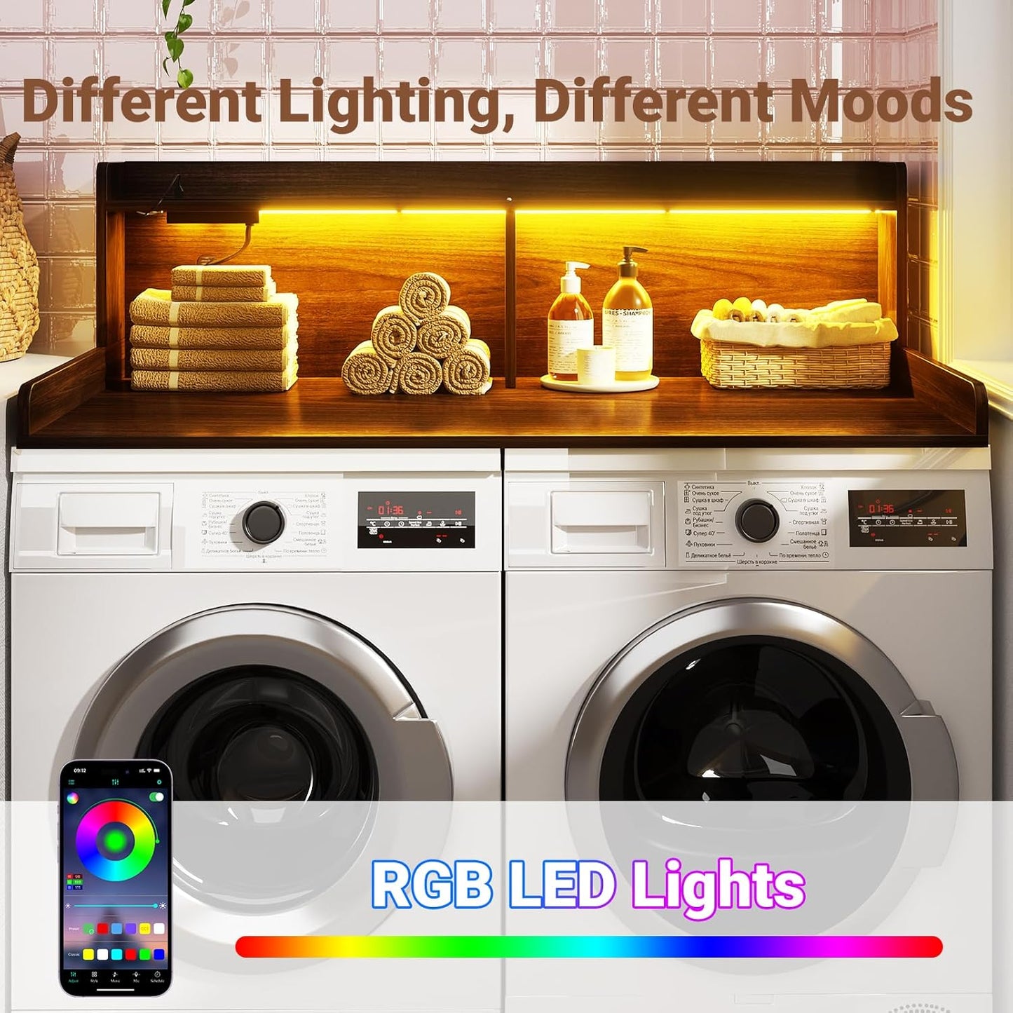 Aheaplus Washer and Dryer Countertop, 2-Tier Laundry Countertop Cover with LED Lights and Power Strip, Large Space Laundry Topper with Shelf for Laundry Room Organization, Brown