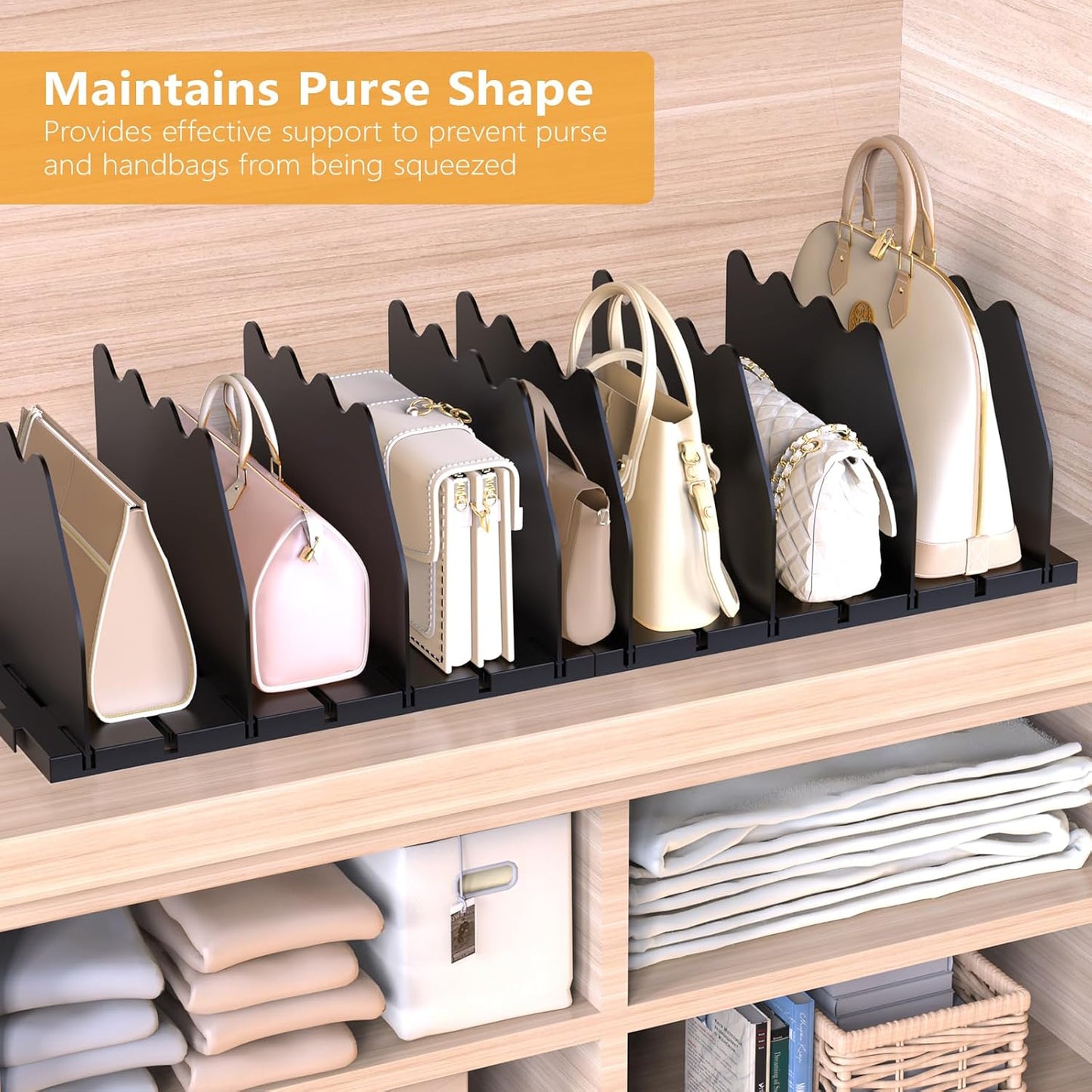 Ronlap Purse Storage Organizer for Closet, Black Closet Bag Storage Dividers Rack Shelf Purse Dividers for Closet Organization Handbag Separators Closet Purse Organizers and Storage, 2 Pack, Black