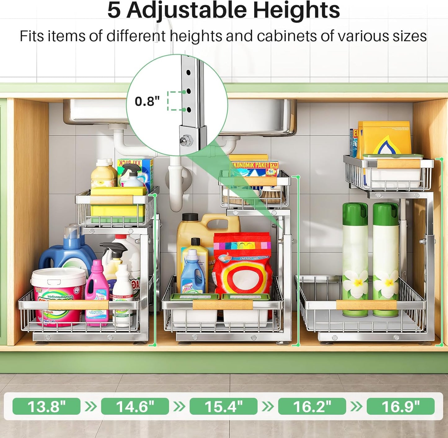 Under Sink Organizer, Stainless Steel 1-Pack 2 Tier Under Sink Organizers and Storage, Slide out Pull out Cabinet Shelf, Sliding Drawer for Kitchen Bathroom Pantry Cabinet Closet Organization Rack