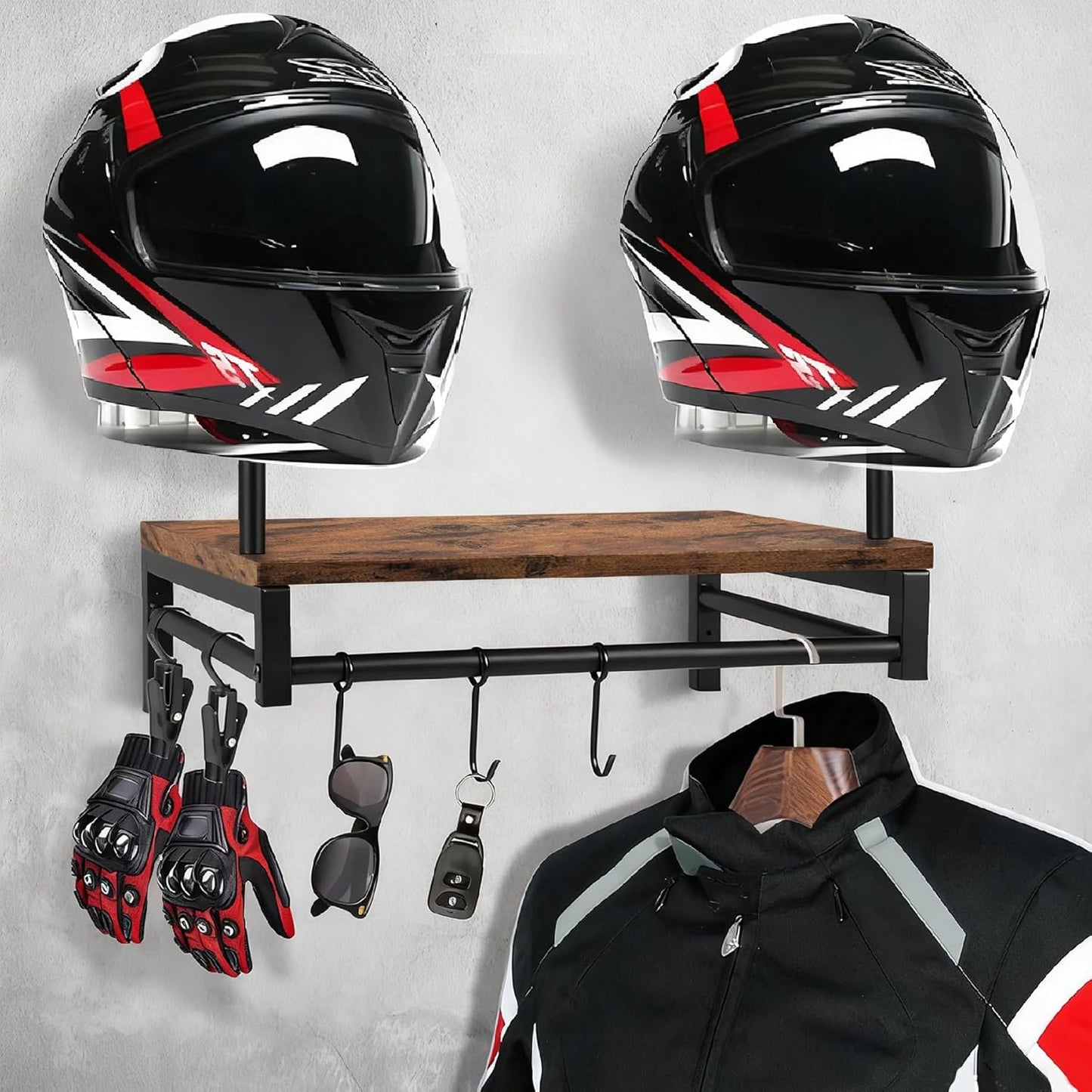 Motorcycle Helmet Holder Wall Mount, Gear Storage Rack with 4 Glove Clips, Wood and Metal Helmet Stand