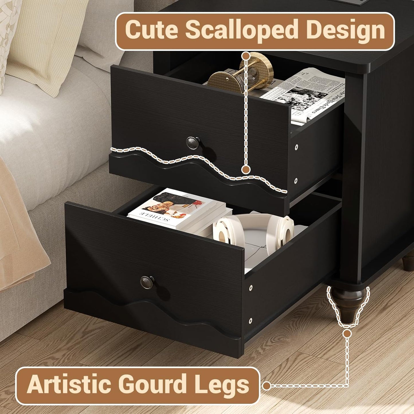 Cyclysio Nightstand Set of 2 with Charging Station, Side End Table with 2 Drawers, Modern Wood Night Stand Set 2 with Scalloped Pattern for Bedroom, Bedside Night Tables with Solid Wood Gourd Legs