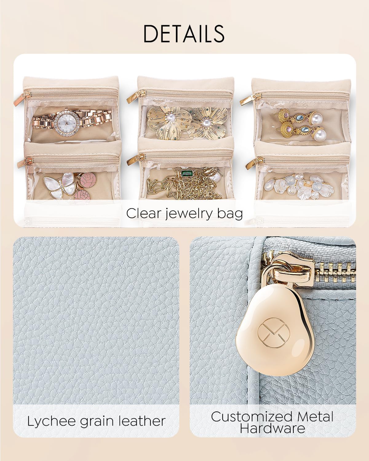 Vlando Small Jewelry Organizer,Travel Jewelry Case with 6 Velvet Jewelry Zipper Bags for Girls,Ideas Gifts for Christmas Wedding,Birthday,Graduation-Baby Blue