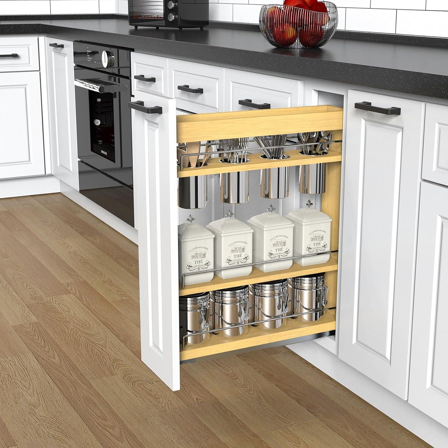Pull Out Cabinet Organizer 8" Soft-Close Wood Pullout Shelf Organizer for Utilities Kitchen and Bathroom Base Cabinets, Slide Out Spice Rack