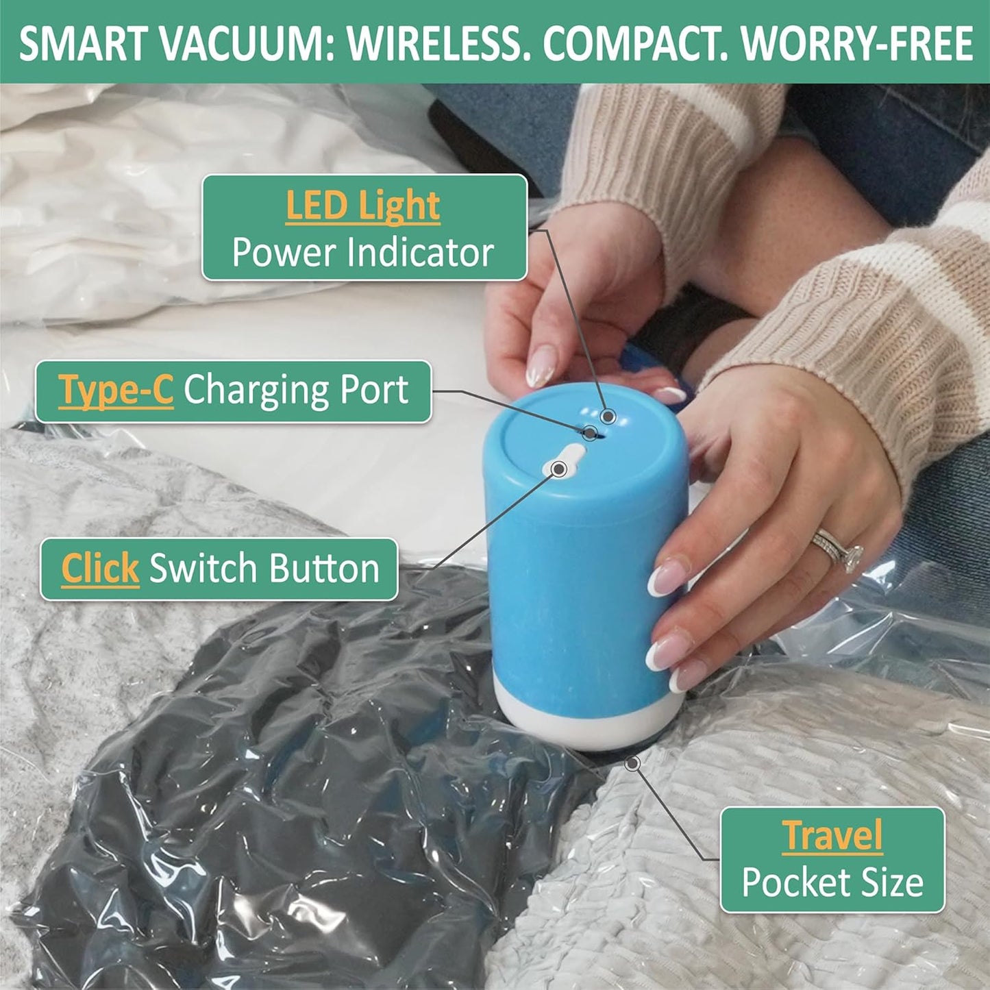 35 Pack Vacuum Storage Bags with Rechargeable Wireless Portable Electric Pump, Vacuum Seal Space Saver Bags for Clothing, Pillows, Blanket, Bedding, Comforters