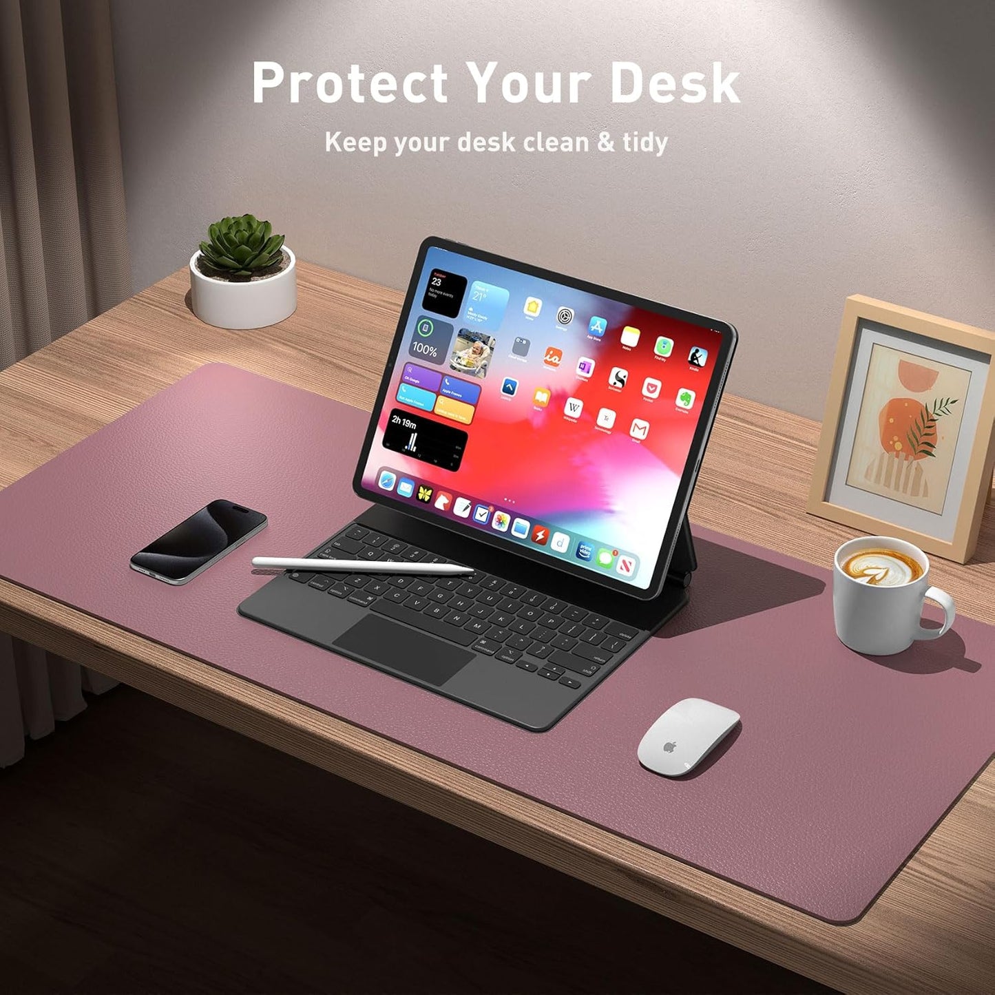 Aothia Leather Desk Pad Protector, Mouse Pad, Office Desk Mat,Non-Slip PU Leather Desk Blotter, Laptop Desk Pad, Waterproof Desk Writing Pad for Office and Home (Dark Pink, 23.6" x 13.7")