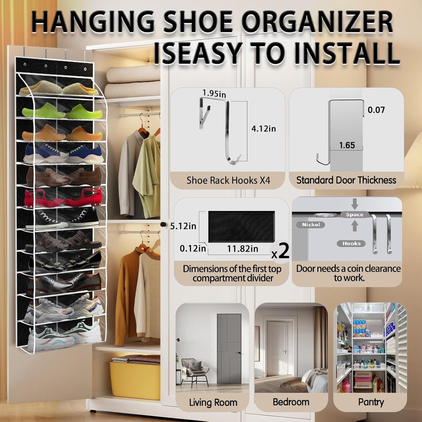 Over The Door Shoe Organizer with 12 Large Breathable Pockets - Heavy Duty Hanging Storage for Adult, Kids & Baby Shoes - Black
