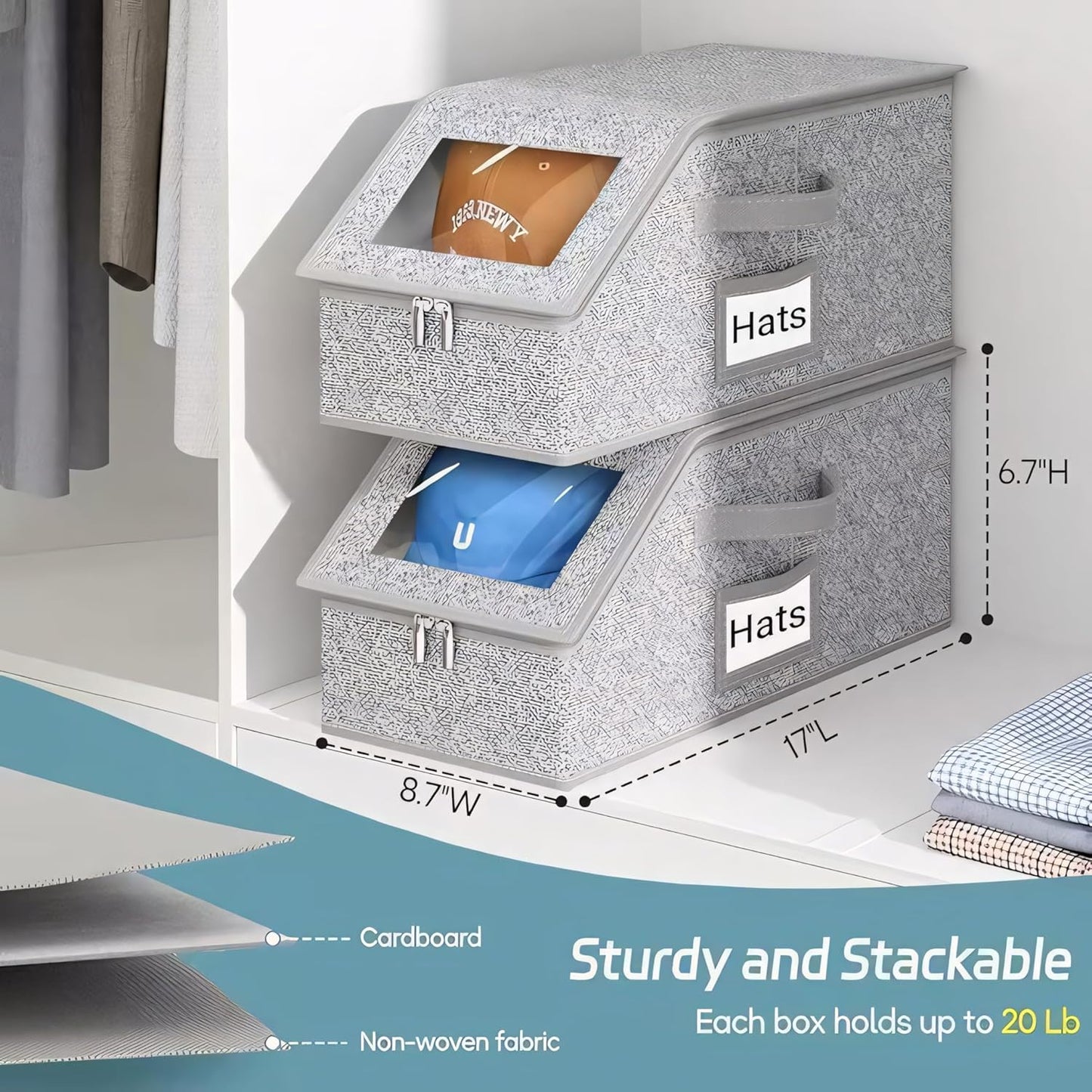 2 PCS Stackable Hat Storage for Baseball Caps with 4 Hat Hooks, Holds up to 24 Caps Hat Organizer for Closet, Sturdy Snapback Boxes for Men with Cardboard