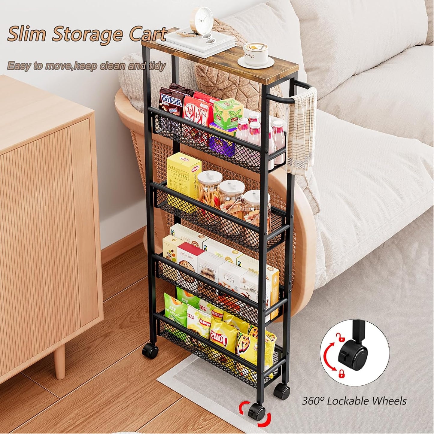 AZERPIAN Slim Rolling Cart 5 Tier Narrow Storage Cart on Wheels with MDF Board Top and Metal Handle for Small Space Kitchen Living Room Home Office Pantry Bathroom Laundry (16.38 x 5.12 x 39.17 inch)