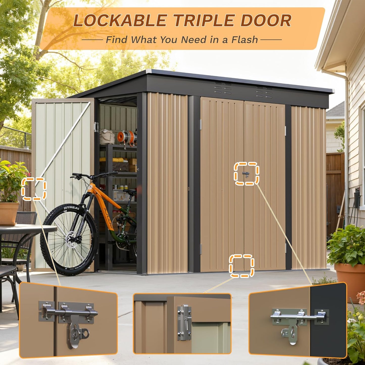 Greesum 8x4FT Outdoor Storage Shed, Metal Shed with Triple Lockable Door, Utility Tool Storaged Garden Shed with Slopping Roof for Patio Storage, Brown