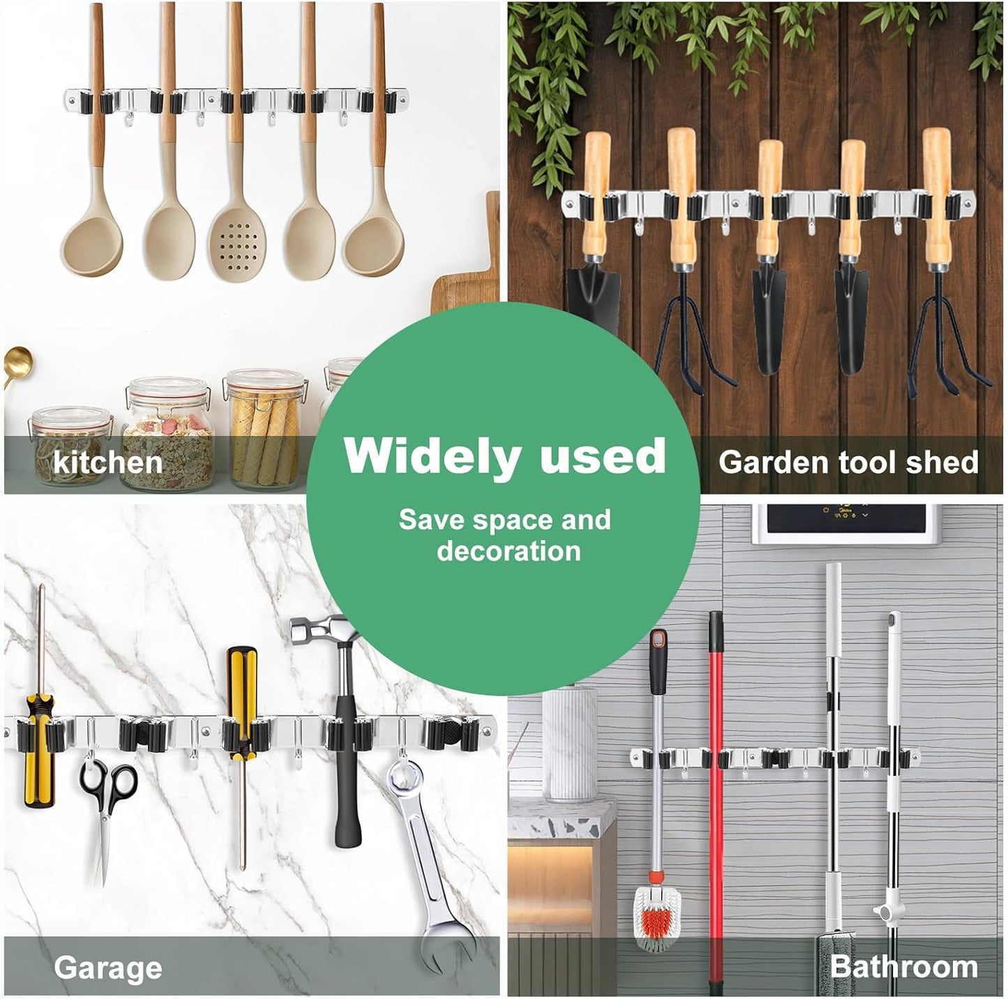 5 Pack Broom Holder Wall Mount 5 Racks 4 Hooks Stainless Steel Broom Mop Holder Anti Slip Storage Rack Strong Load Bearing Waterproof Broom and Mop Organizer Wall Hanging for Bathroom Kitchen Garage