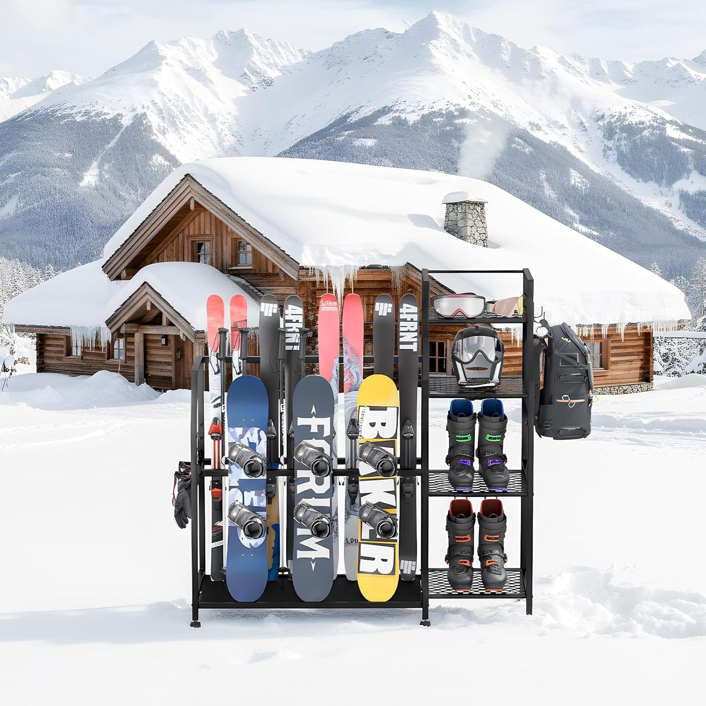 4-Tier Freestanding Snowboard Rack for 4 Pairs of Skis, 3 Snowboards, Boots, Poles, Goggles, Helmets, Ski Storage Rack with Adjustable Shelves, Snowboard Stand for Home, Garage