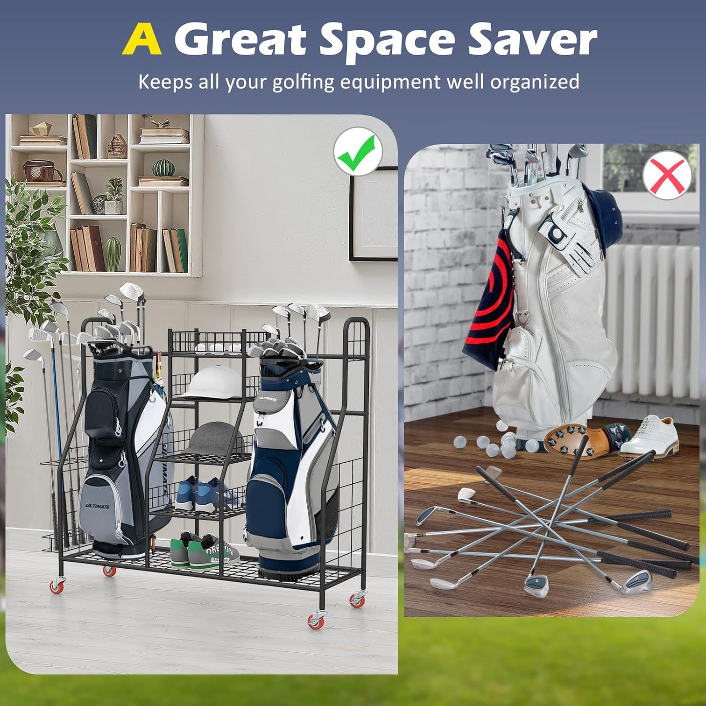 GYMAX Golf Bag Organizer, Golf Storage Garage Organizer with Lockable Wheels & Golf Club Side Pockets, Extra Large Golfing Equipment Rack for Golf Accessories Garage Organizer
