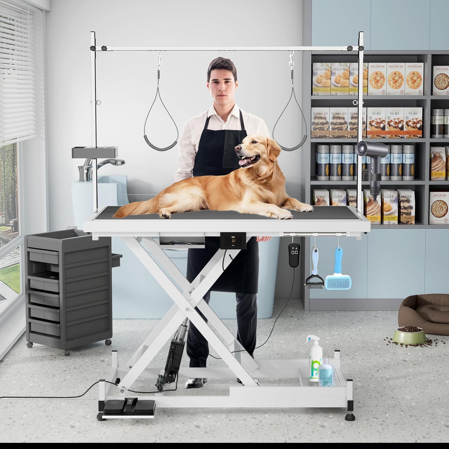 Electric Lift Dog Grooming Table, Upgrade 50 Inch Heavy Duty Professional Pet Grooming Table with Tool Organizer for Large Dogs at Home with Adjustable Overhead Arms and 2 Grooming Noose, White