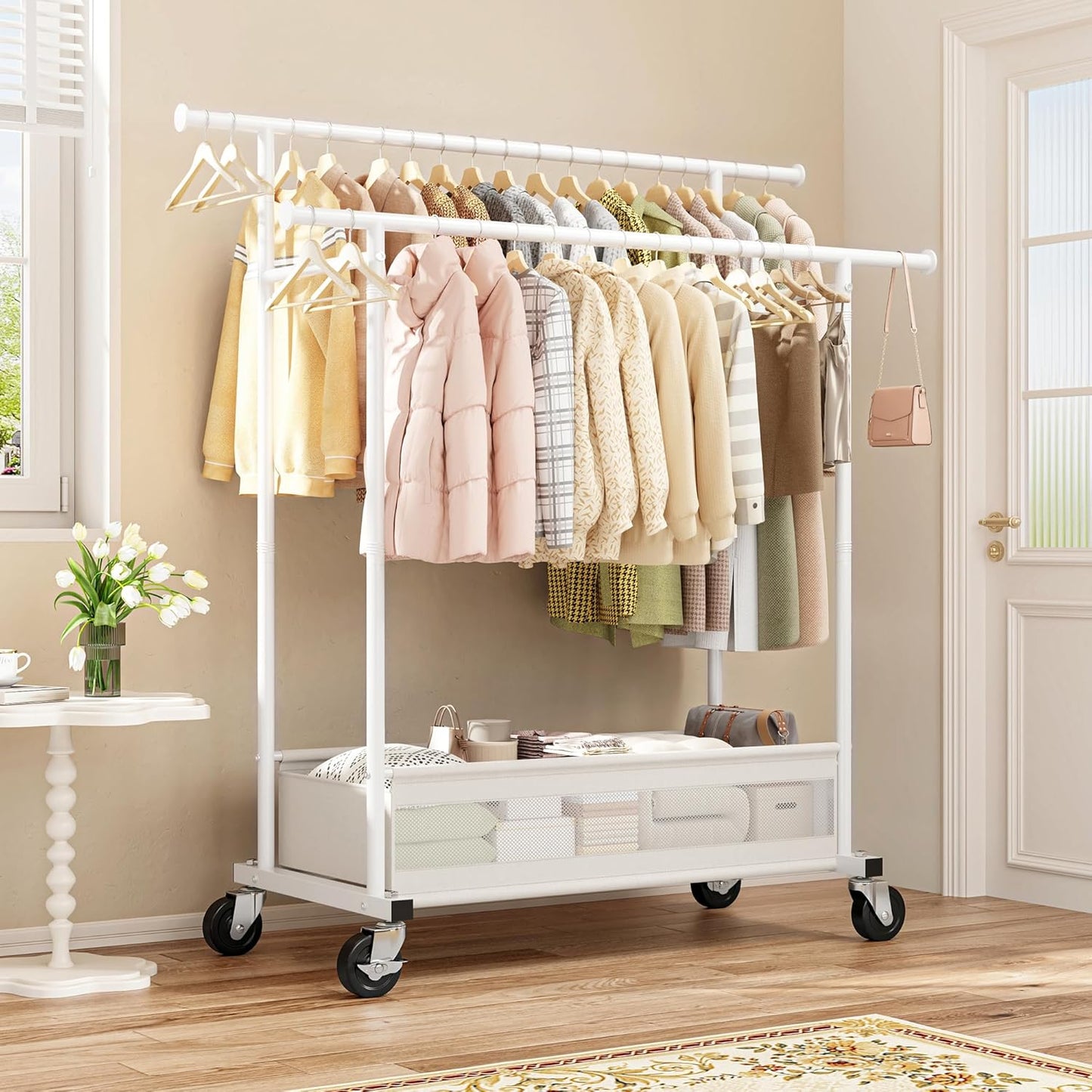 Clothes Rack, Double Rod Clothing Rack with Storage Bag & Sturdy Wheels, Metal Garment Rack for Closet Organizers and Storage, 43.3" W×17.7" D×63" H