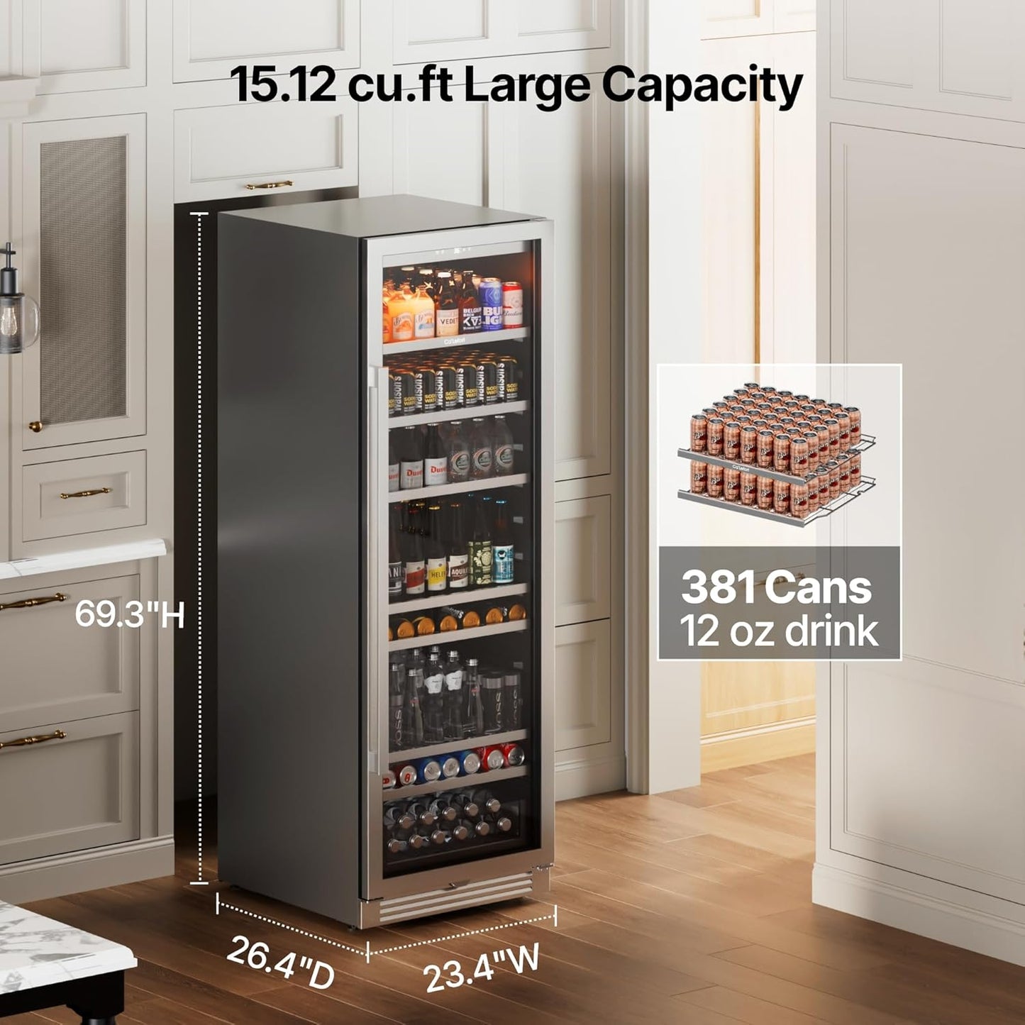 Ca'Lefort Beverage-Refrigerator 24 Inch, Tall Beverage Fridge Cellars Large Bar Drink Cabinet Built-in or Freestanding with Glass Door, Beer Cooler for Bottles and Cans Beer/Soda/Water/Wine