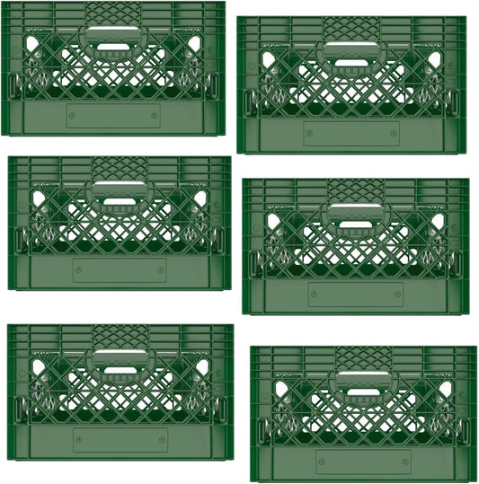 Heavy Duty Plastic Storage Milk Crates, Stackable Utility Organizer Bins, 19x11x13 Inches, 6 Pack, Made in USA, 24 Qt/6 Gallon Capacity (Green)