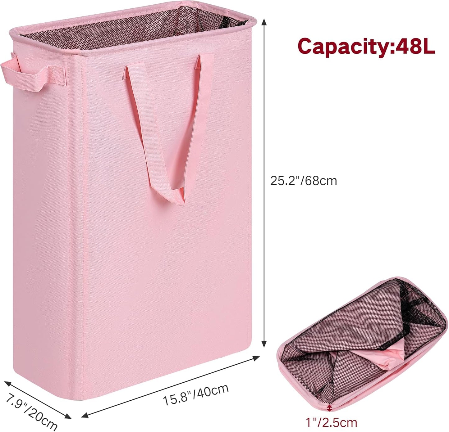 efluky Slim Laundry Basket, Narrow Laundry Hamper with Handles, Collapsible Dirty Clothes Hamper, Tall Laundry Bin for Laundry Room, Dorm and Bedroom, 12.7 Gallons(48L) Pink