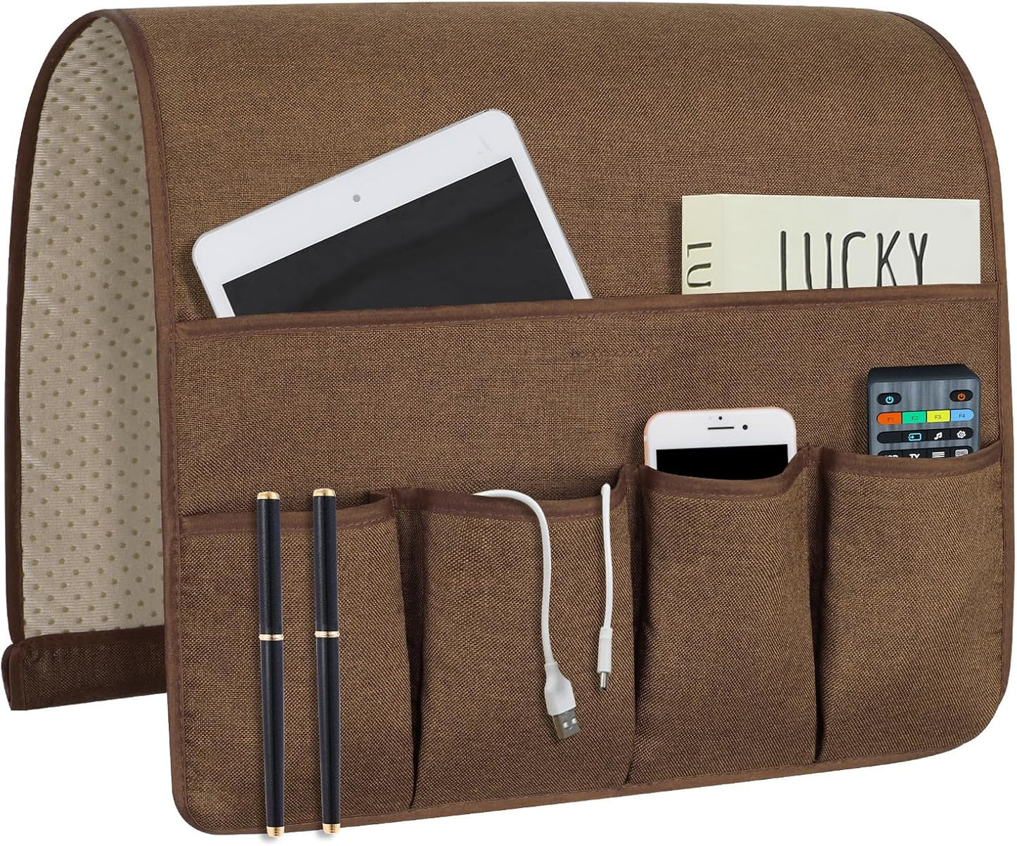 NB Sofa Armrest Organize remote holder bedside caddy organizer with 5 pockets，non-slip couch remote control holder couch armchair caddy accessories (Flaxen, 35''x18'')