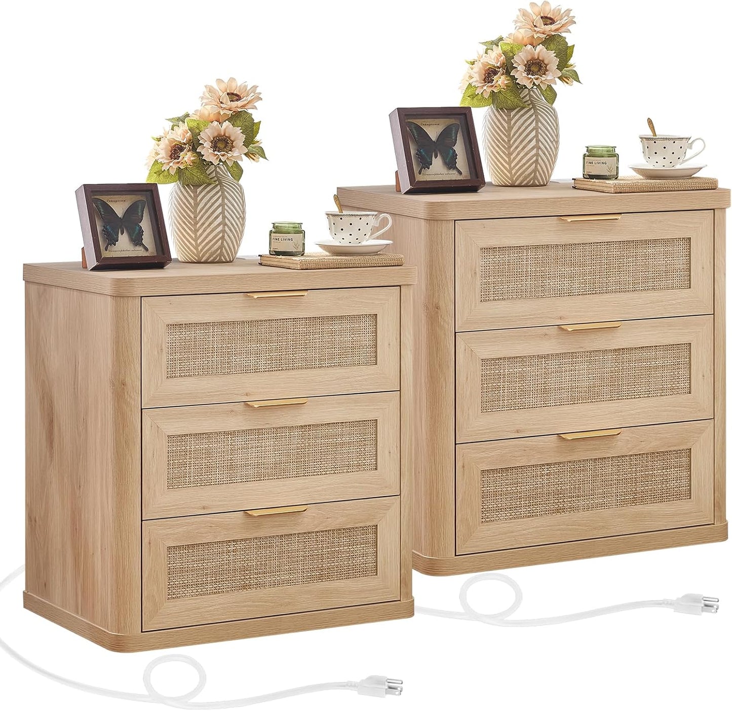 LEYAOYAO Rattan Night Stand Set of 2 with Charger Station, 23" Large 3 Drawer Boho Nightstand, Natural Wood Bedside Table Storage Cabinet, Bed Side End Tables for Bedroom, Living Room, Hallway