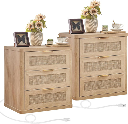 LEYAOYAO Rattan Night Stand Set of 2 with Charger Station, 23" Large 3 Drawer Boho Nightstand, Natural Wood Bedside Table Storage Cabinet, Bed Side End Tables for Bedroom, Living Room, Hallway