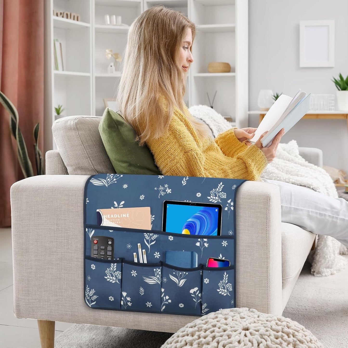 Remote Control Holder for Armchair，Couch Caddy Organizer TV Remote Holder for Bed Storage 5 Pockets，Remote Caddy Bedside Organizer Bedside Table Organizer (Blue, 35''x18'')