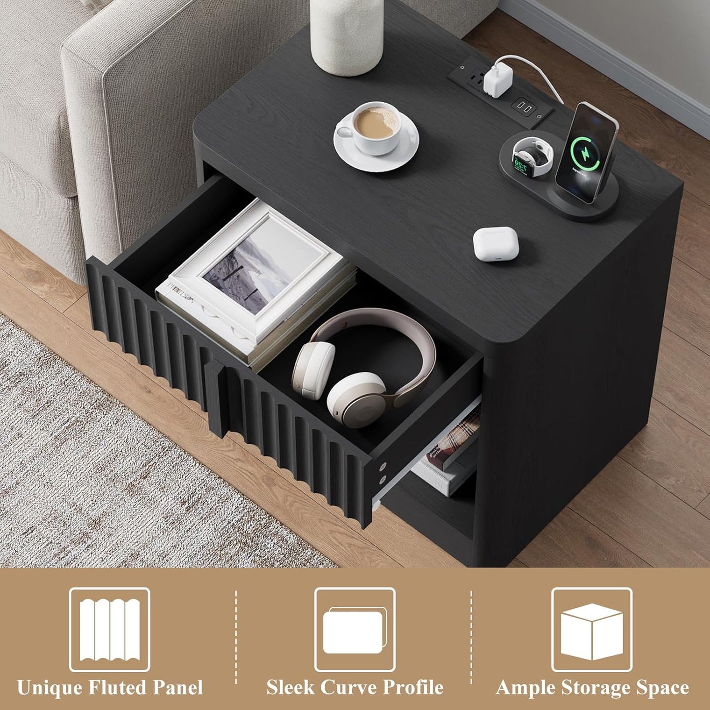 Fluted Nightstand with Charging Station, 23.6" End Table with Solid Wood Handle, Curved Profile Design, Mid Century Moden Bedside Table for Bedroom, Black