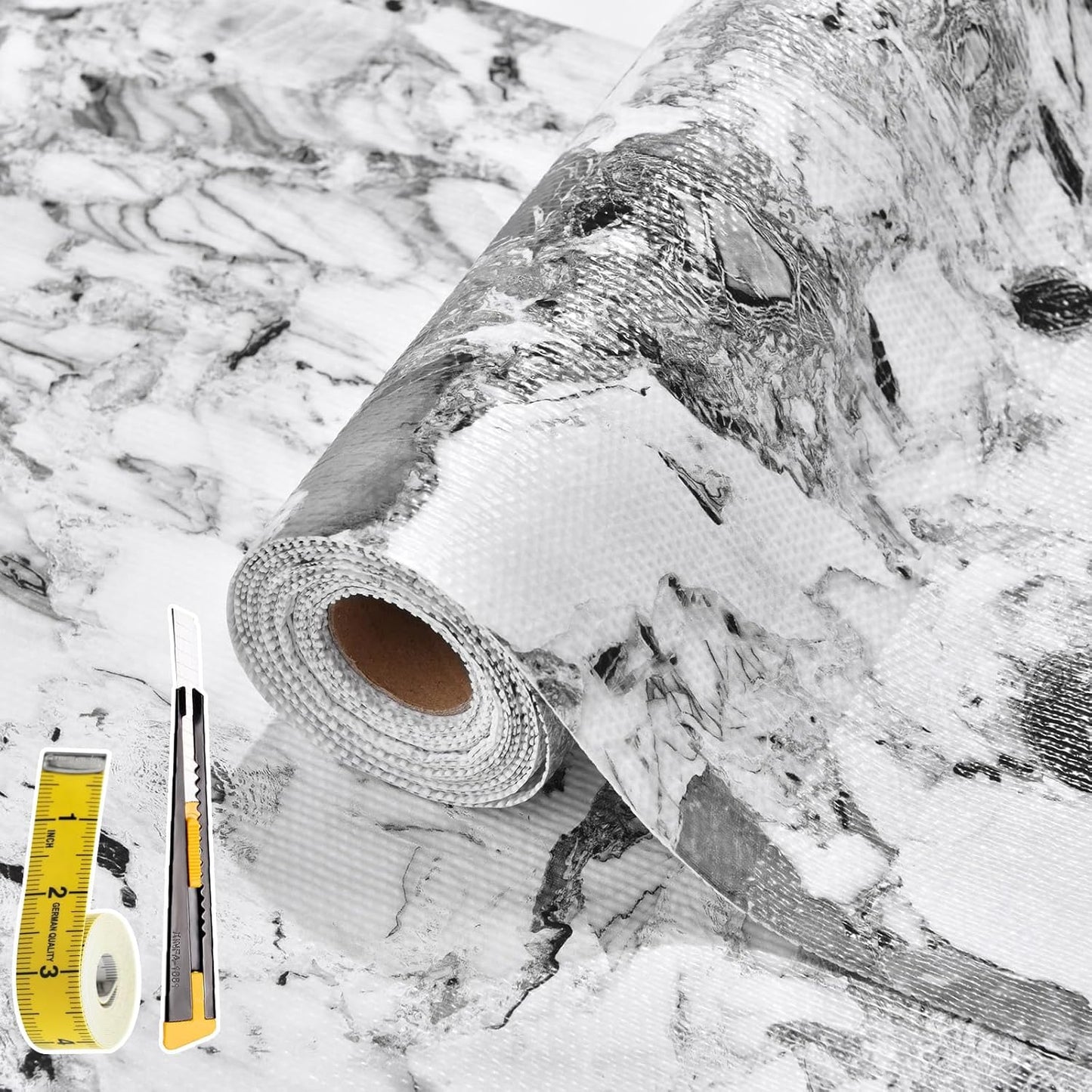 Drawer and Shelf Liner for Kitchen Cabinet: 12 in X 30 Ft Non Slip Waterproof Shelf Paper Non Adhesive Refrigerator Liners Grey and White Marble Easy Liners for Bathroom with Knife Tape Measure