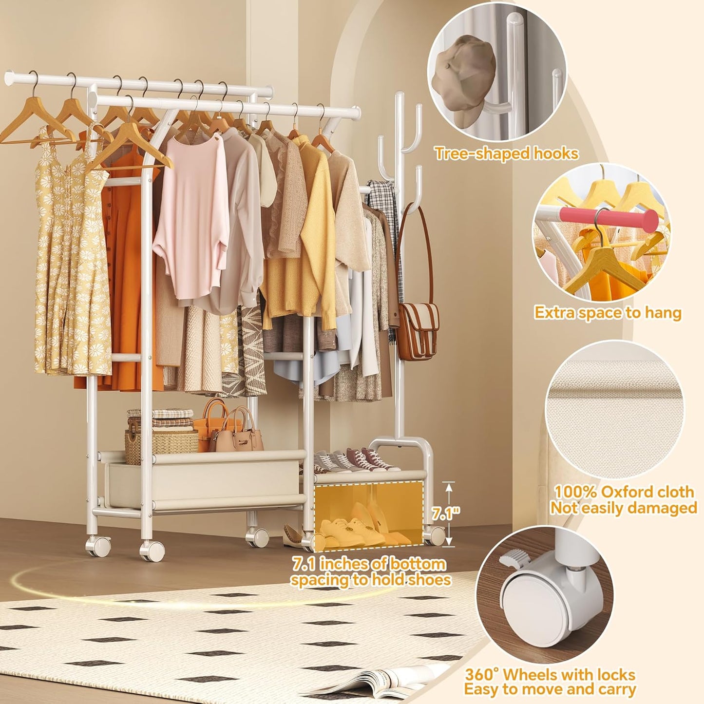 Homeiju Heavy Duty Clothes Rack Load 500LBS, Three Rods Clothing Racks for Hanging Clothes Extendable, Rolling Garment Rack with Sturdy Wheels, Basket, Storage Shelves, White