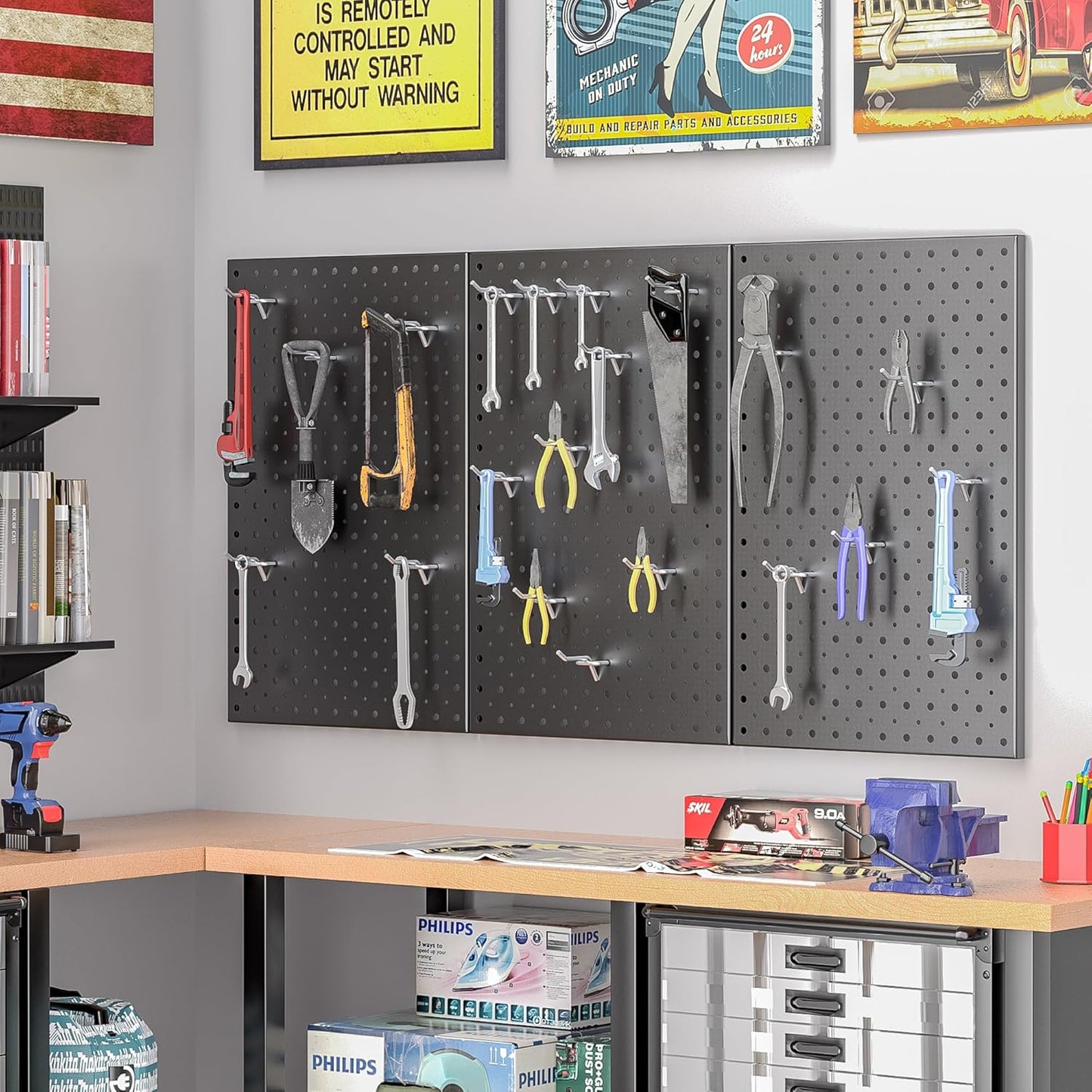 Pegboard Smith Metal Pegboard Panels, 16" x 12" Heavy-Duty Wall Peg Boards for Garage Tool Storage, Pegboard Organizer System (Pack of 3, Black)