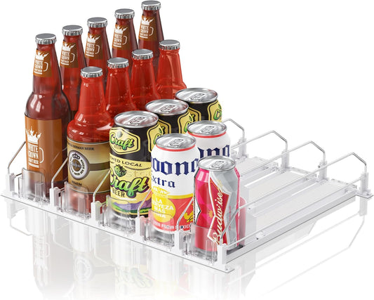 Drink Organizer for Fridge,12oz 16oz 20oz - Soda Can Dispenser for Refrigerator,Width Adjustable,Automatic Pusher Glide,15"D,White,5 ROW,Holds 25 Cans