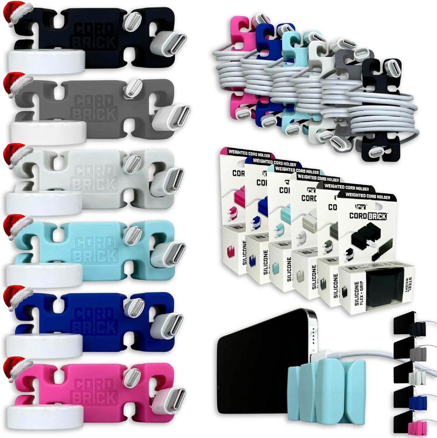 CordBrick Stocking Stuffers for Adults Cord Management Weighted Cord Holder Cable Wrap Phone Stand - Multiuse Gadget Organizer for Nightstand, Desk. Gift for Men, Durable Silicone. 6pk Asst Neutrals