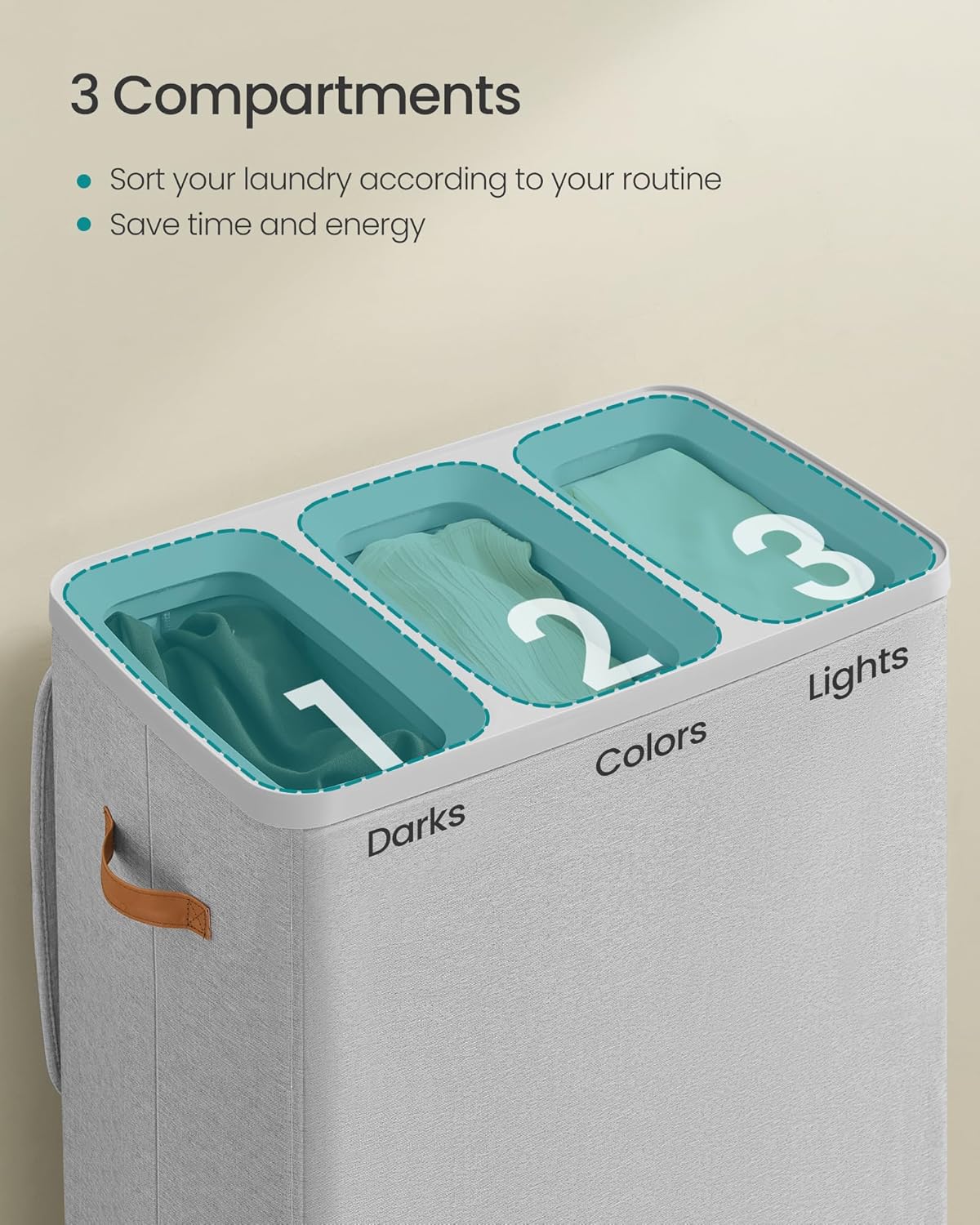 SONGMICS Laundry Basket, 50.2 Gal. Laundry Hamper, 3 Compartments, Easy Assembly, with Lid and Handles, Removable Liners, 25.2 x 15.7 x 29.5 Inches, Dove Gray ULCB814GD01