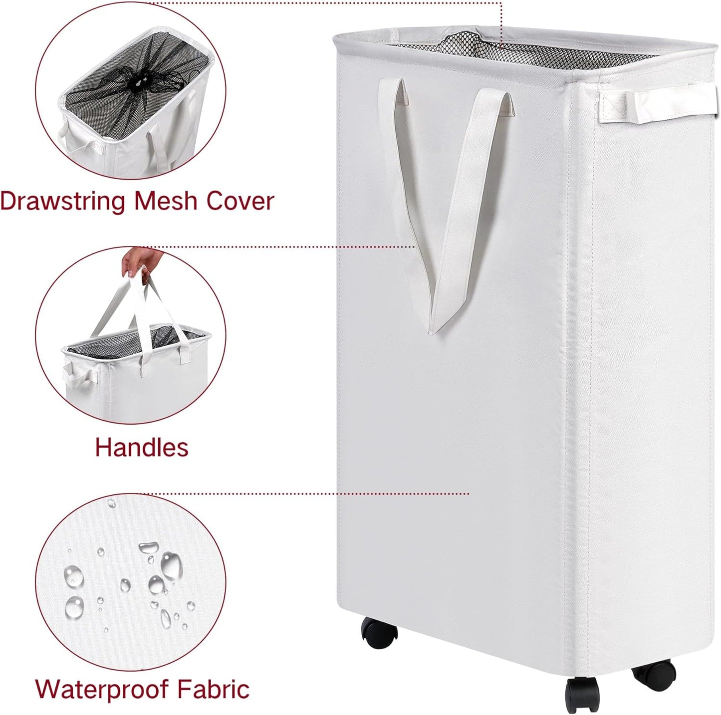 efluky Slim Laundry Hamper with Wheels, Rolling Laundry Basket for Clothes, Small Laundry Basket for Bedroom, Dorm and Laundry Room, 60L (12.7 Gallons) White