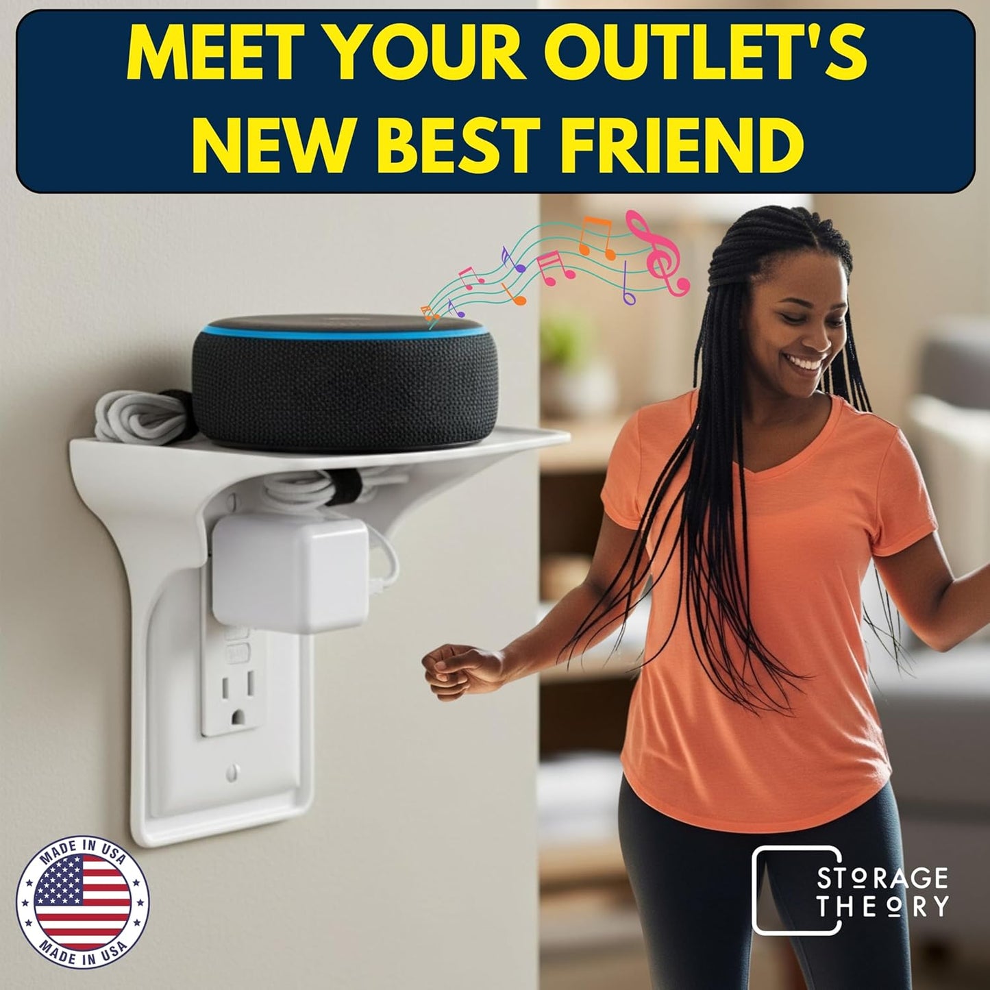 BeraTek Power Perch Wall Outlet Shelf with Cord Storage Strap - Declutter & Reclaim Bathroom Counter Space - Echo Dot Stand, Homepod Mini Wall Mount, Smart Home Devices Organizer - White, 4-Pack