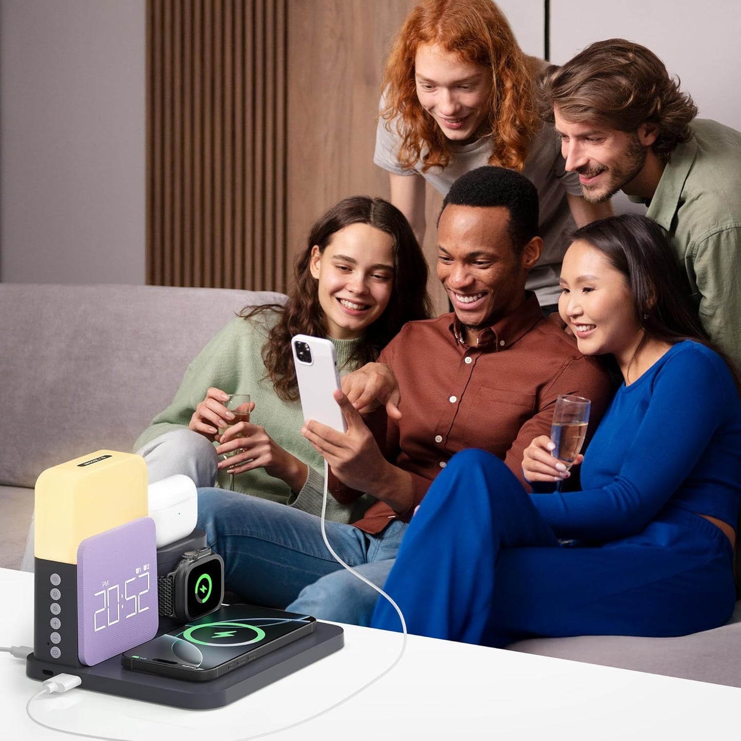 7 in 1 Wireless Charging Station, Alarm Clock with Wireless Charger for Bedrooms, Magnetic Charger with Night Light Bedside Clock for iPhone 17 16 15 14 13 12 Pro Max, Apple Watch, AirPods
