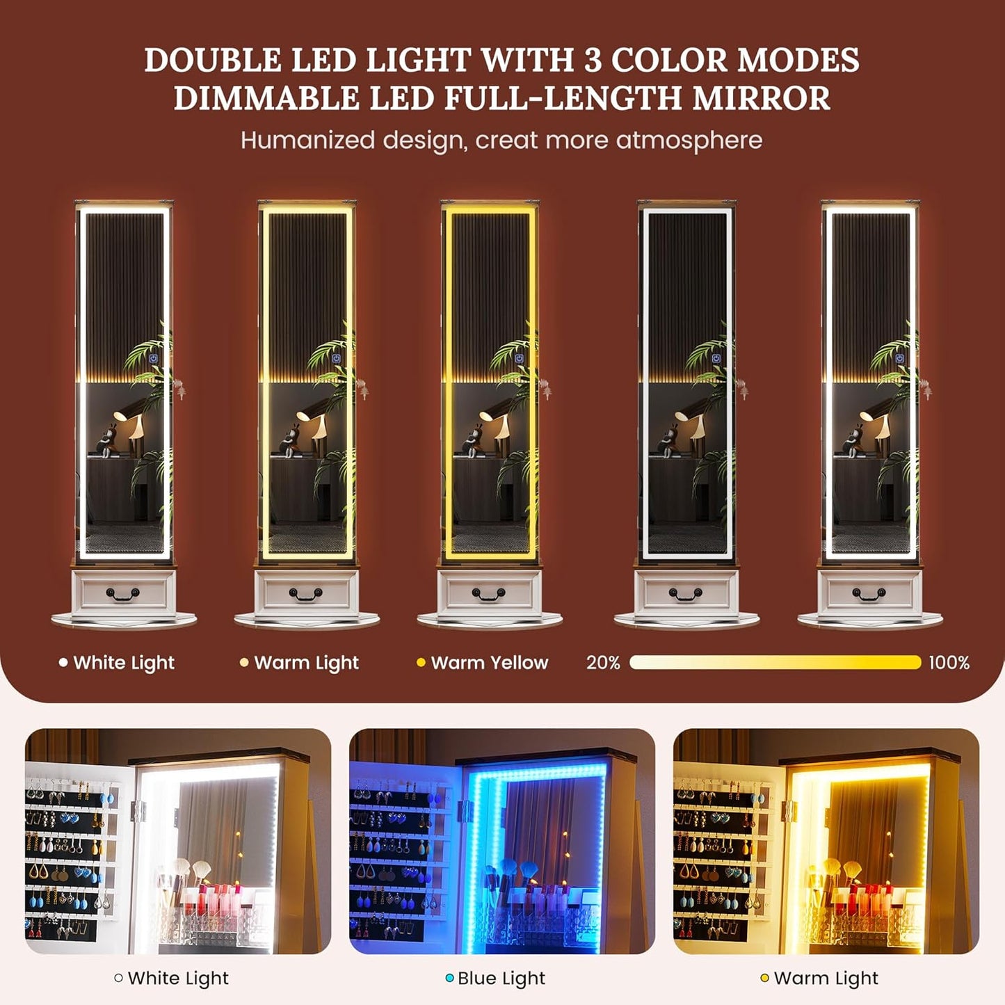 LVSOMT LED Mirror Jewelry Cabinet Standing, 360°Swivel Jewelry Armoire with Full Length Mirror, Mirror with Jewelry Storage and Large Wooden Drawer for Christmas Gifts (Farmhouse White)