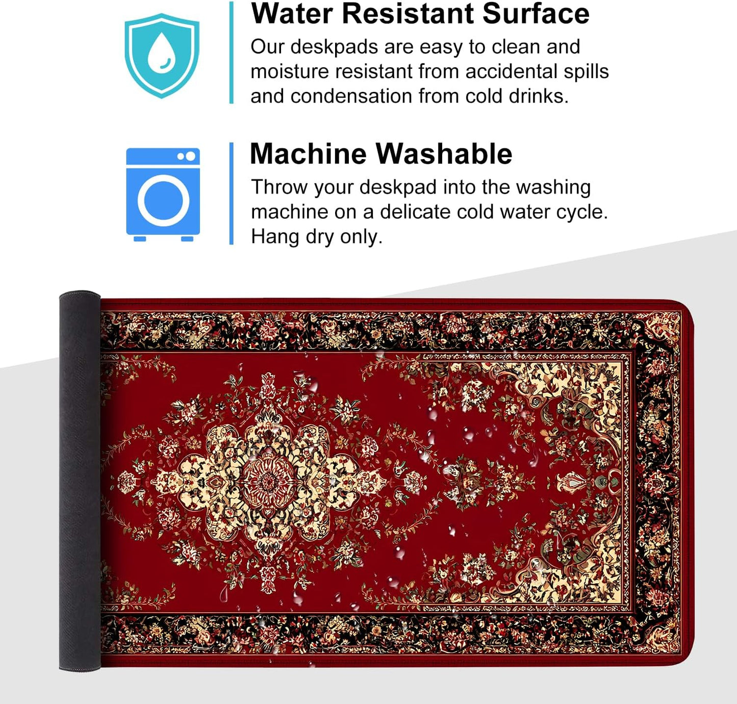 Red Vintage Persian Rug Mouse Pad – Large Extended Desk Mat 35.43 x 15.75 in – Oriental Carpet Design, Non-Slip Rubber Base, Waterproof Surface, Keyboard & Mouse Pad for Office, Gaming, Home