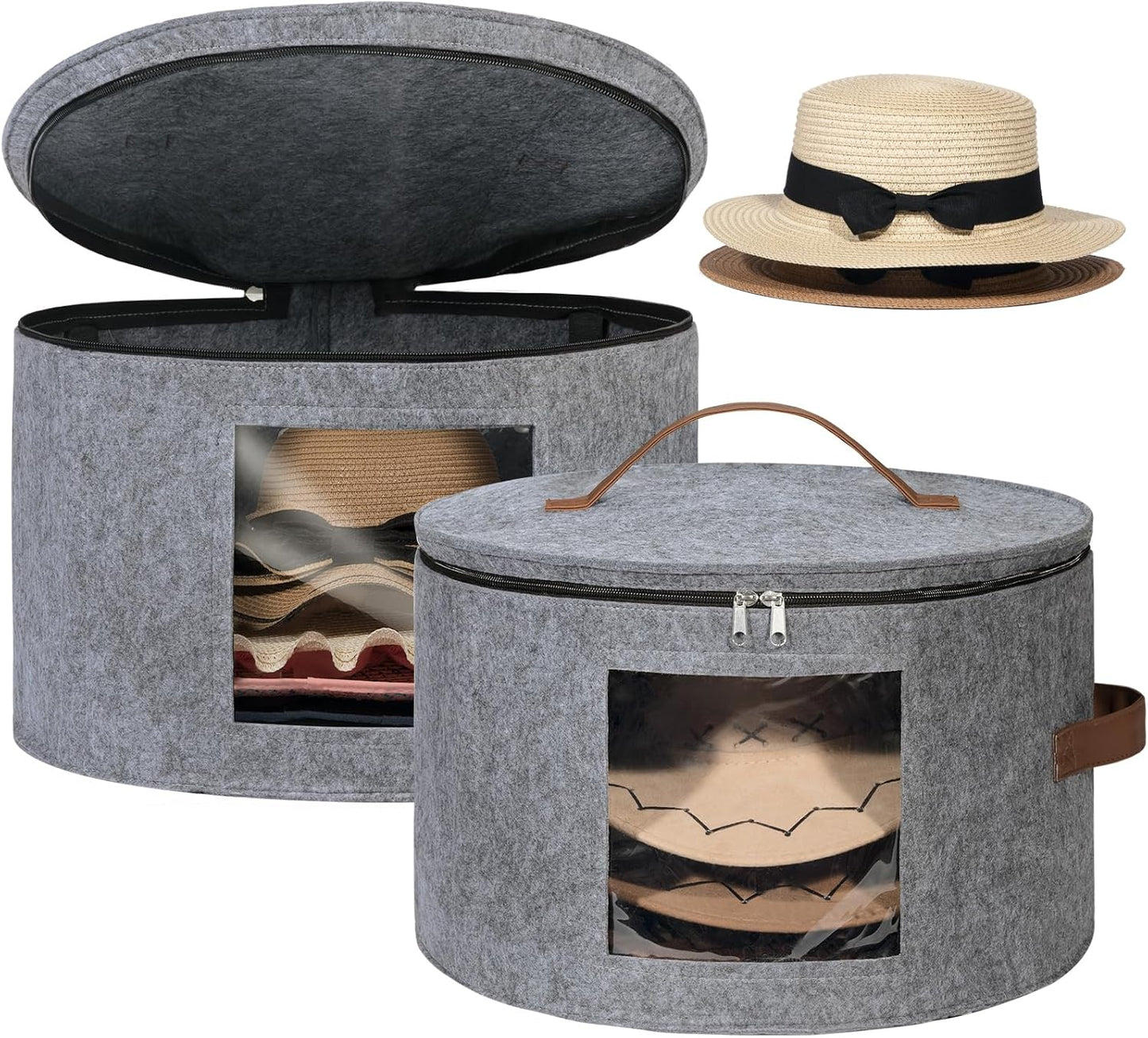 Lifewit Round Cowboy Hat Box for 7 Caps, Large Felt Hat Organizer Bag for Men & Women Storage, Baseball Cap Container with Dustproof Lid for Travel, Foldable 16.5" D x 10.6" H Carrier, 2 Pack, Gray