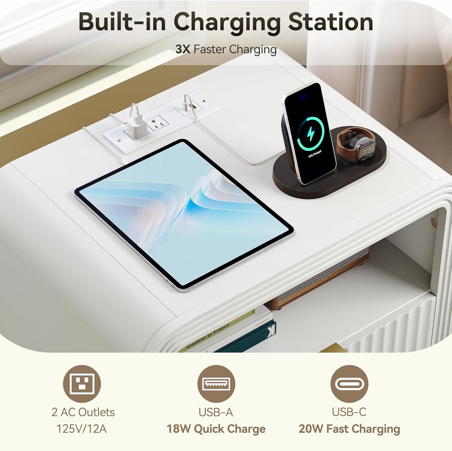 Fluted Nightstand with Charging Station, 19.7'' Wide Morden End Table with USB/Type-C Ports, 2 Drawers & Open Shelf, Curved Profile Design, Wood Bedside Table for Bedroom (White)