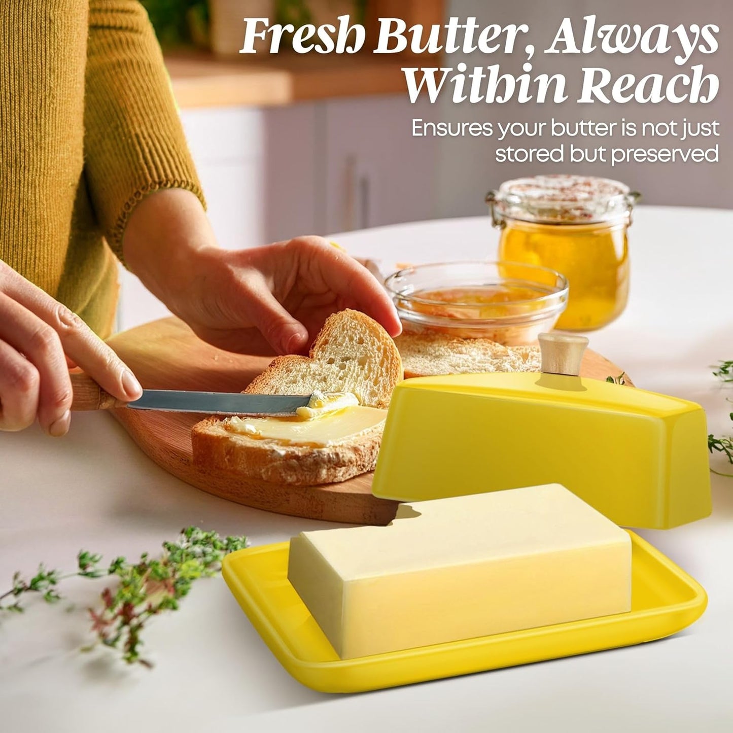 Flexzion Ceramic Yellow European Butter Dish with Lid for Countertop (8 Inch) - Wide 2 Stick Double Butter Holder for Counter, Cream Cheese Container Storage Keeper