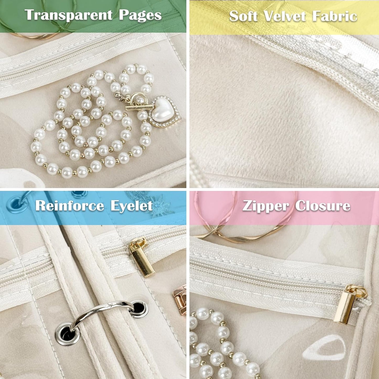 Travel Jewelry Organizer Case,Small Jewelry Bags for Traveling, Jewelry Binder with 24 Pcs Clear Zipper Velvet Pouches (Pink)
