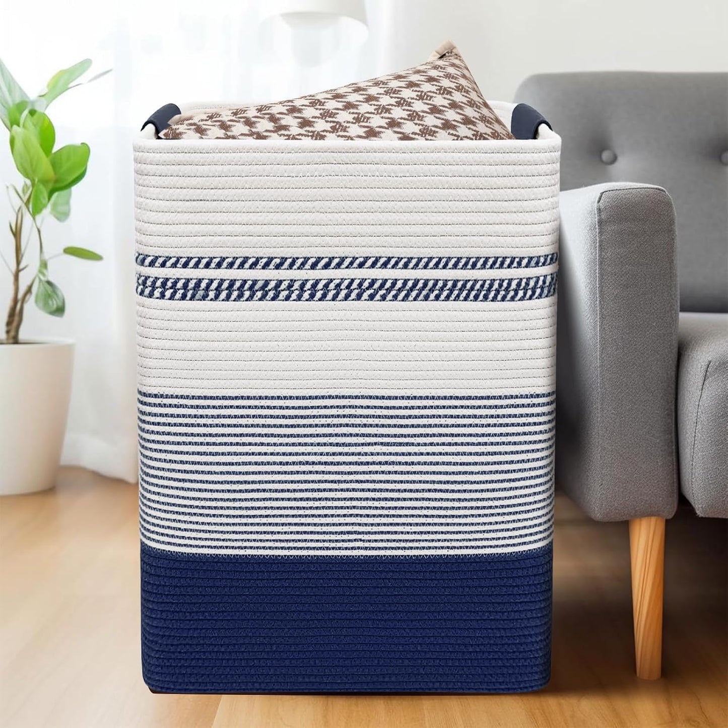 DOFASAYI Laundry Basket - 85L Large Woven Baskets for Storage - Cotton Rope Laundry Hamper, Decorative Storage Basket for Blankets, Clothes Hamper for Living Room, Bedroom, Dark Blue & White