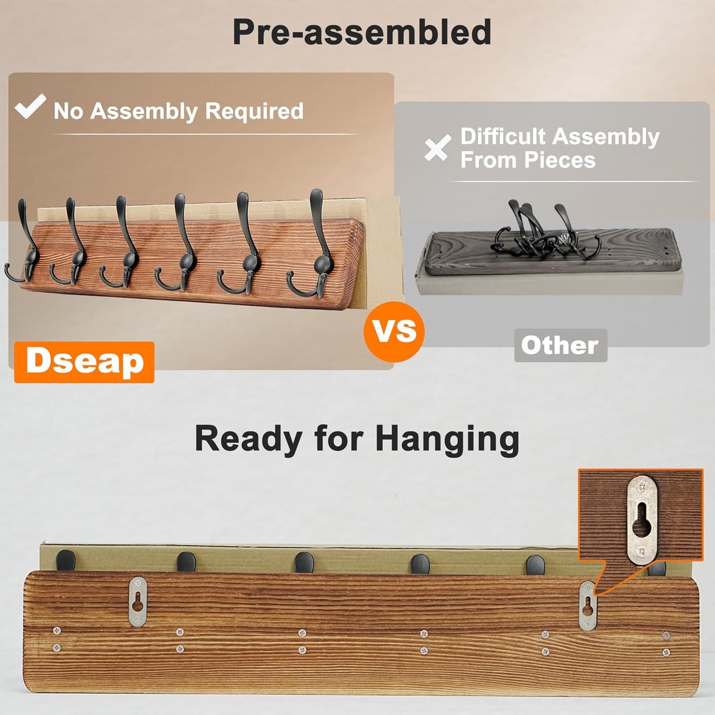 Dseap Coat Rack Wall Mounted - 24" Long 6 Tri Hooks, Heavy Duty Wooden Wall Coat Hanger Coat Hook for Clothes Hat Jacket Clothing, Black, Pack of 2