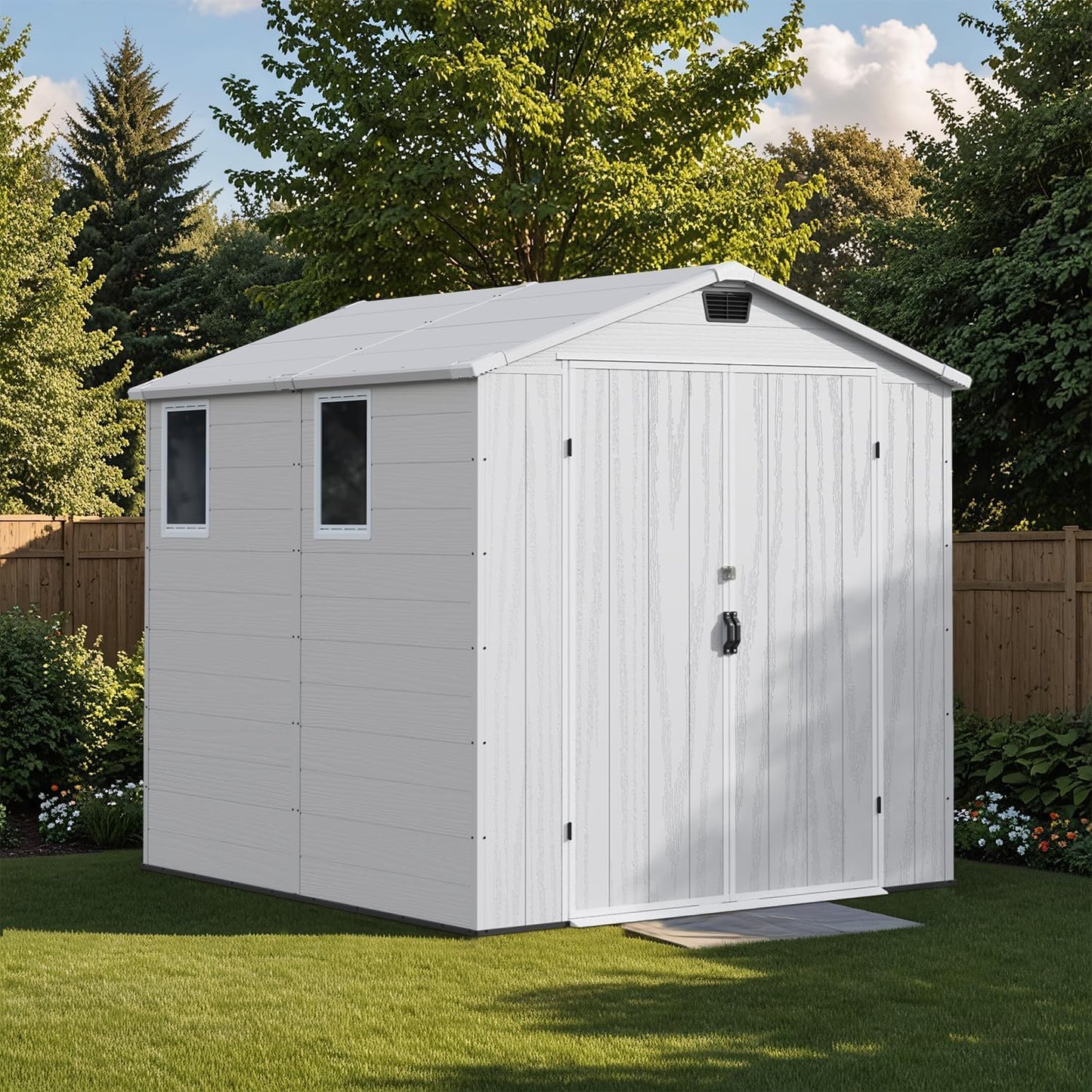 Patiowell 6x8 FT Outdoor Storage Shed with Floor, Resin Garden Tool Shed with Lockable Door & Windows, Weather-Resistant for Lawn Mower, Patio Furniture, Backyard Storage (Light Gray)