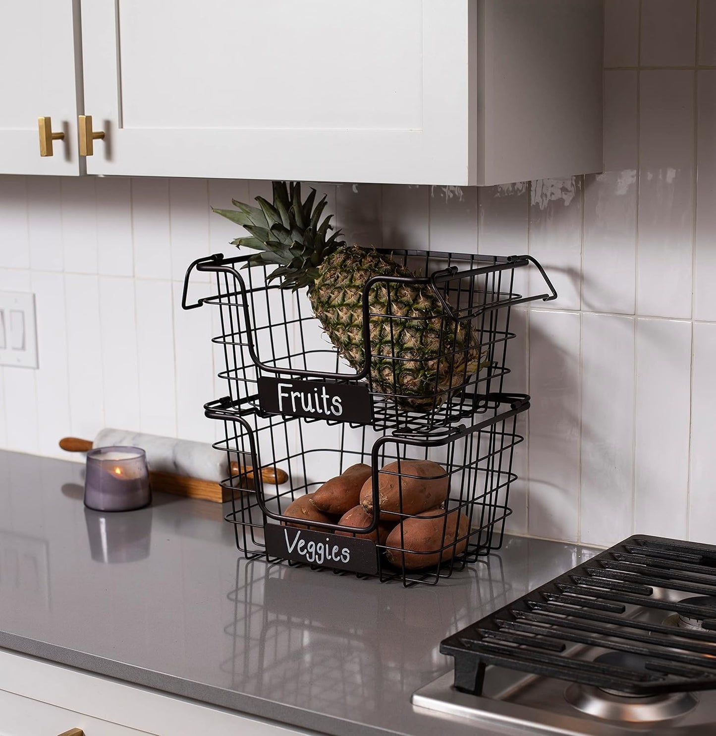 BIRDROCK HOME Stacking Wire Market Baskets with Chalk Label | Set of 2 | Fruit Vegetable Produce Metal Storage Bin for Kitchen Counter | Black