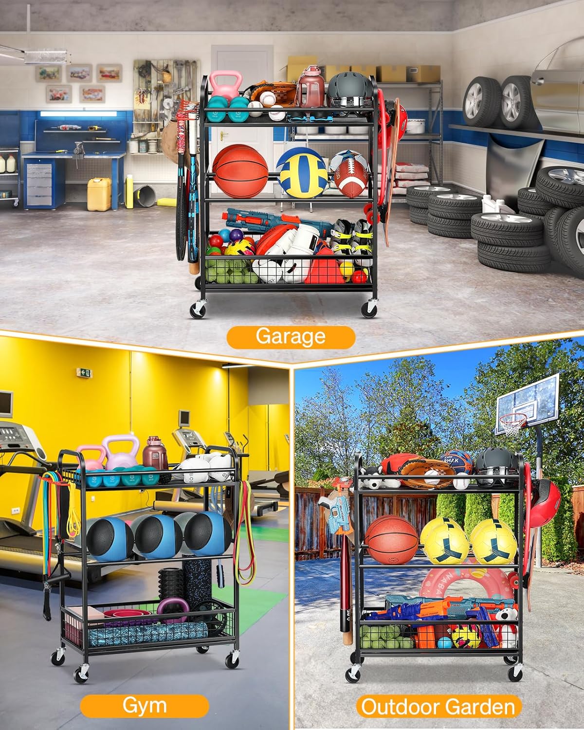 Ball Storage Sports Equipment Organizer - Garage Storage Cart Rolling Ball Storage Rack with Hooks Wheels Outdoor Indoor Gym Gear Toy Holder Bin for Basketball, Baseball, Soccer